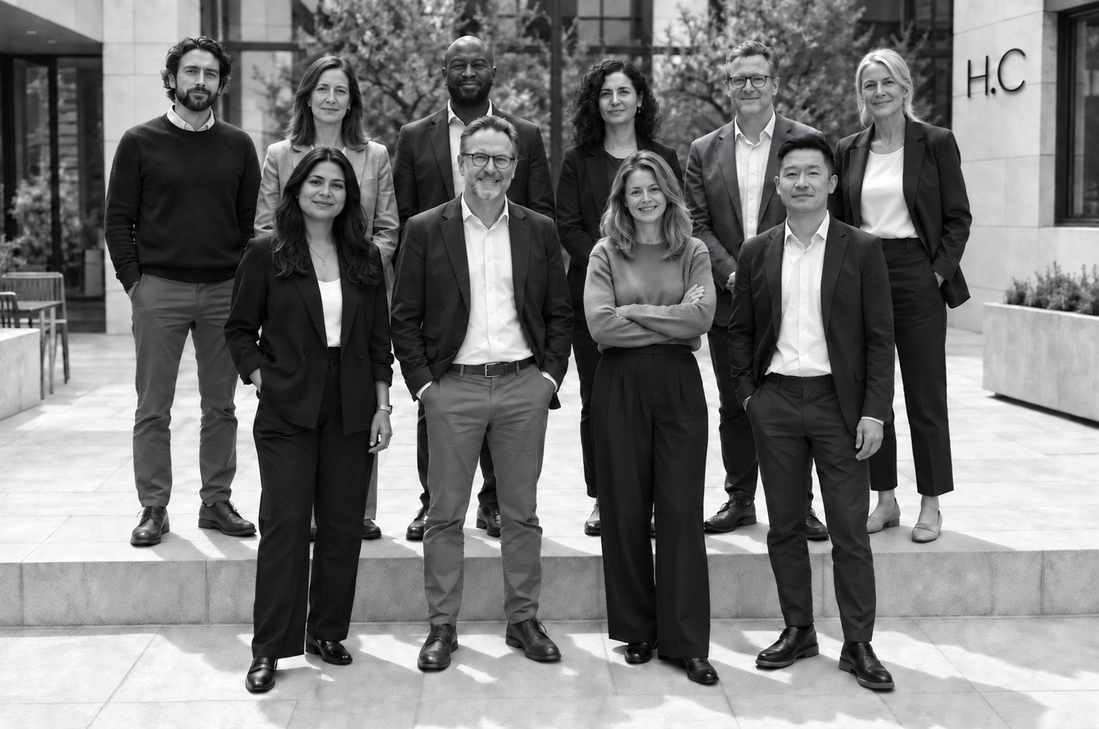 Hale team group portrait outside a building marked H.C